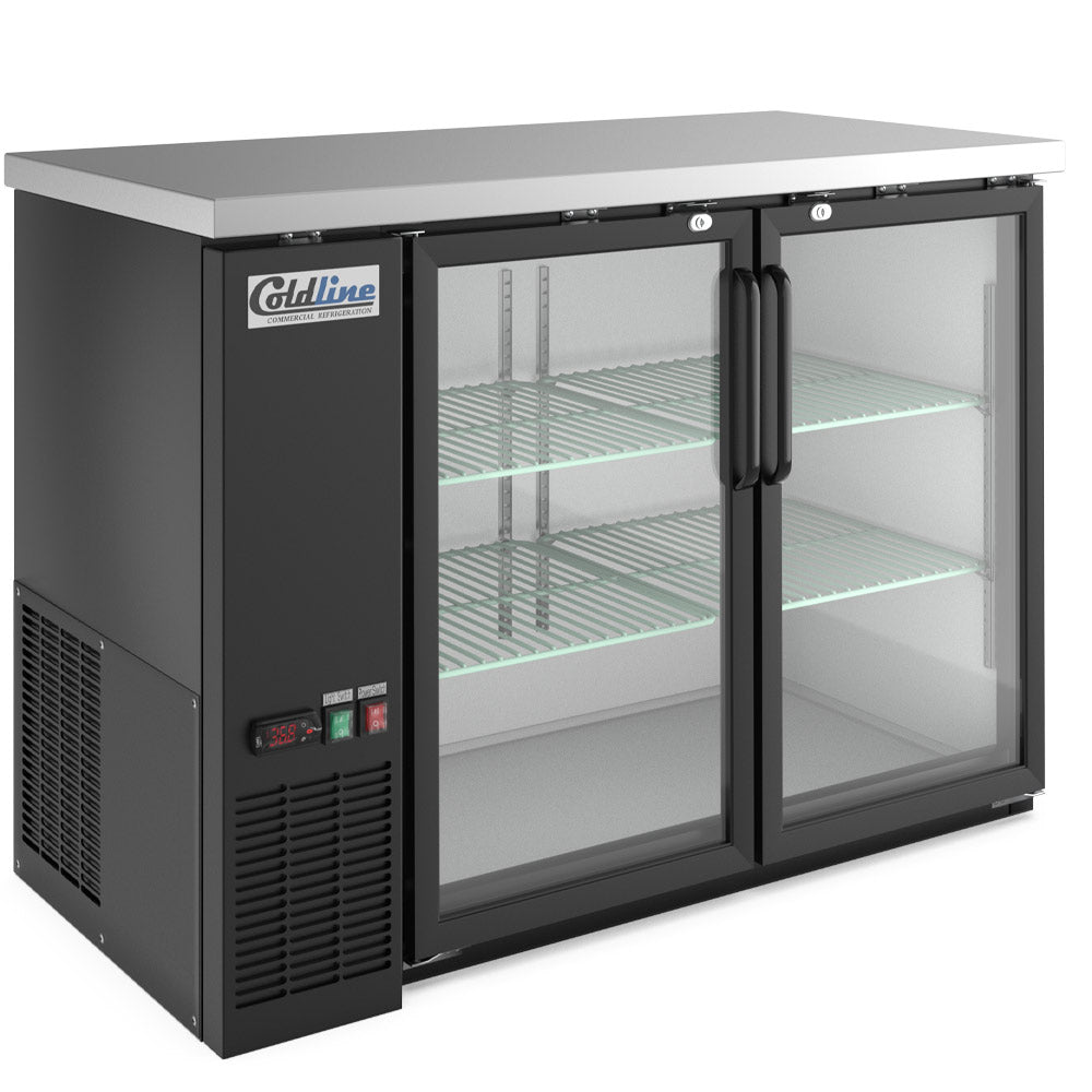 Coldline CBB-48G black swing glass door back bar cooler, angled front view