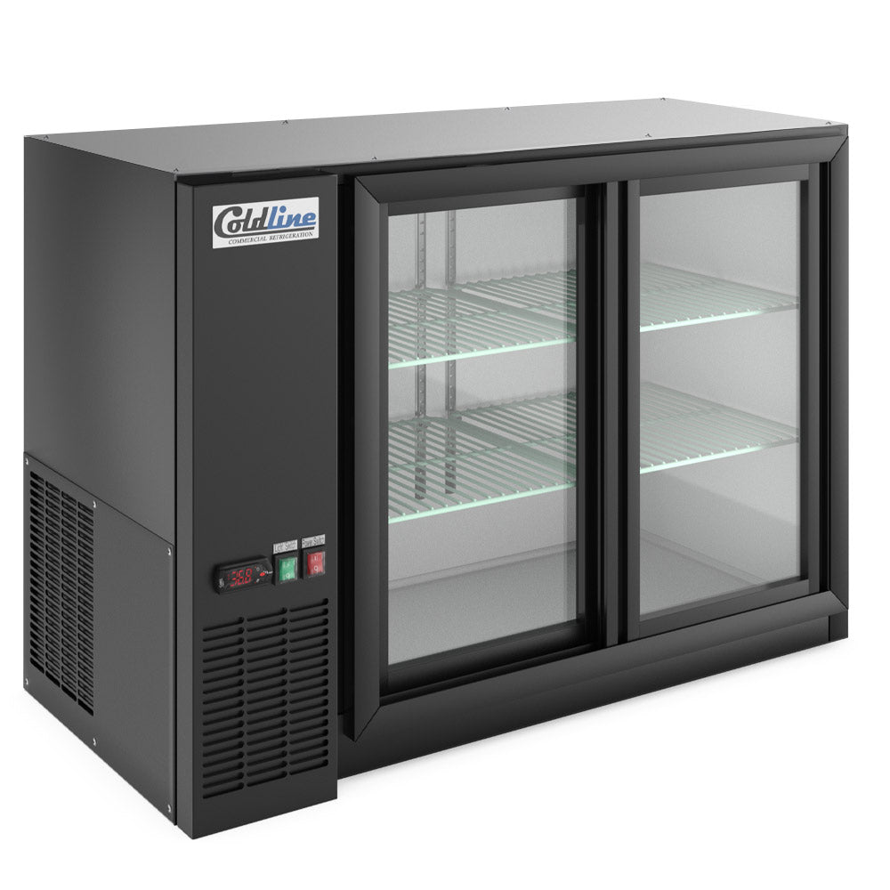 Coldline CBB-48G-SL-T black sliding glass door back bar cooler, angled front view