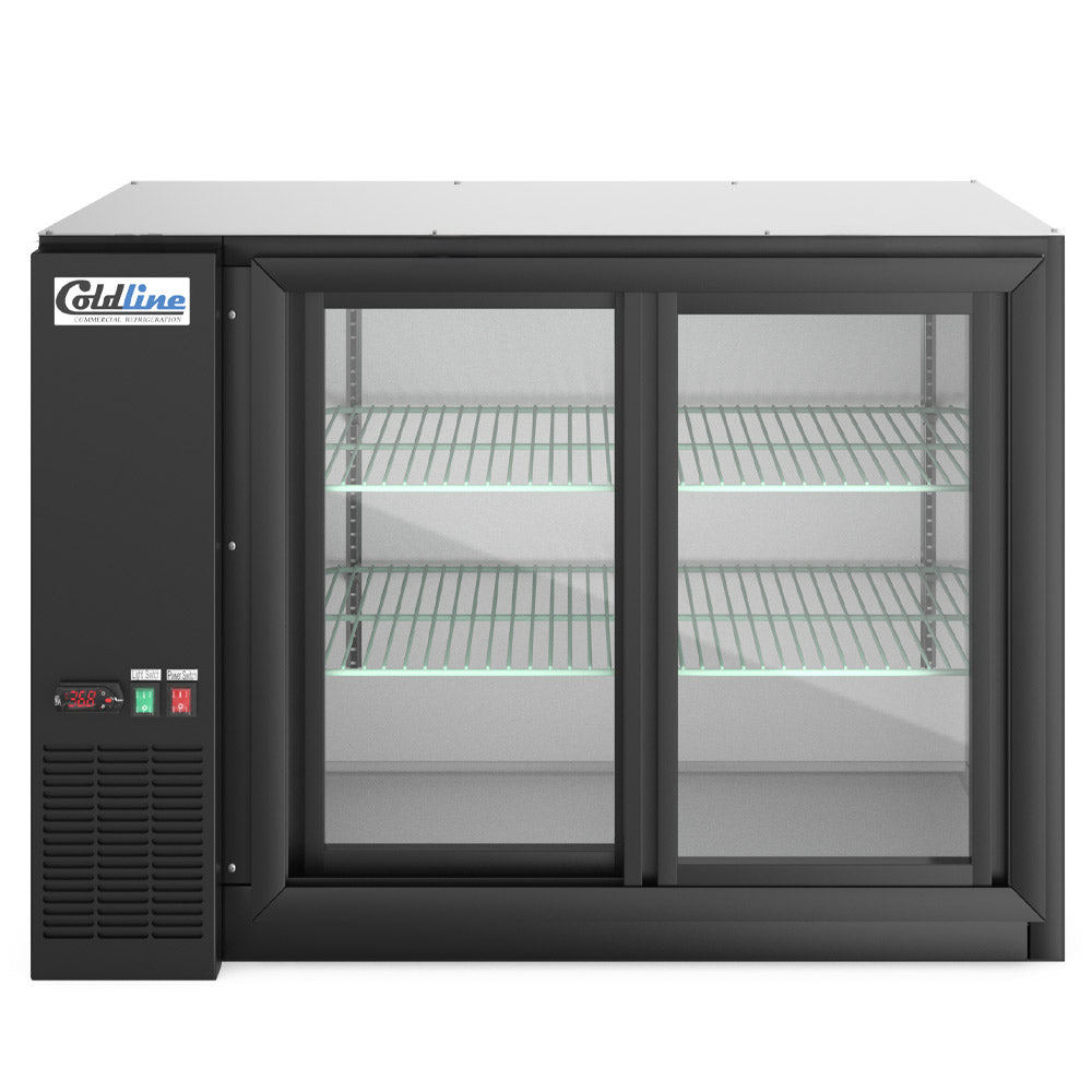 Coldline CBB-48G-SL-T black sliding glass door back bar cooler, front view