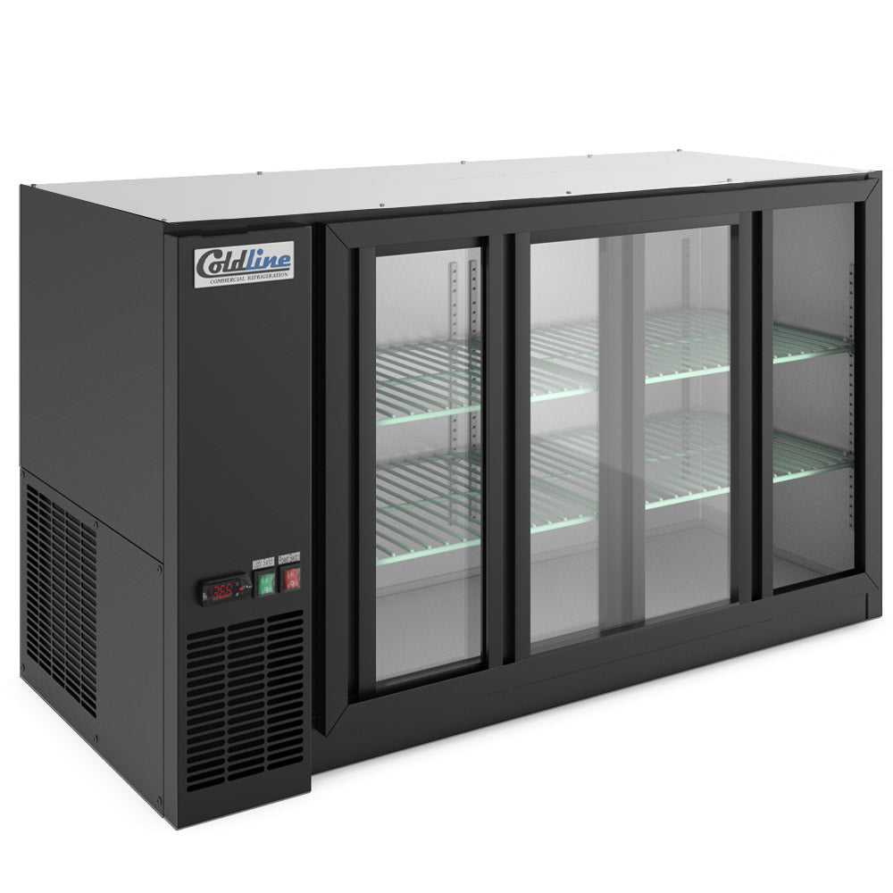 Coldline CBB-60G-SL-T black sliding glass door back bar cooler, angled front view, one door slid open
