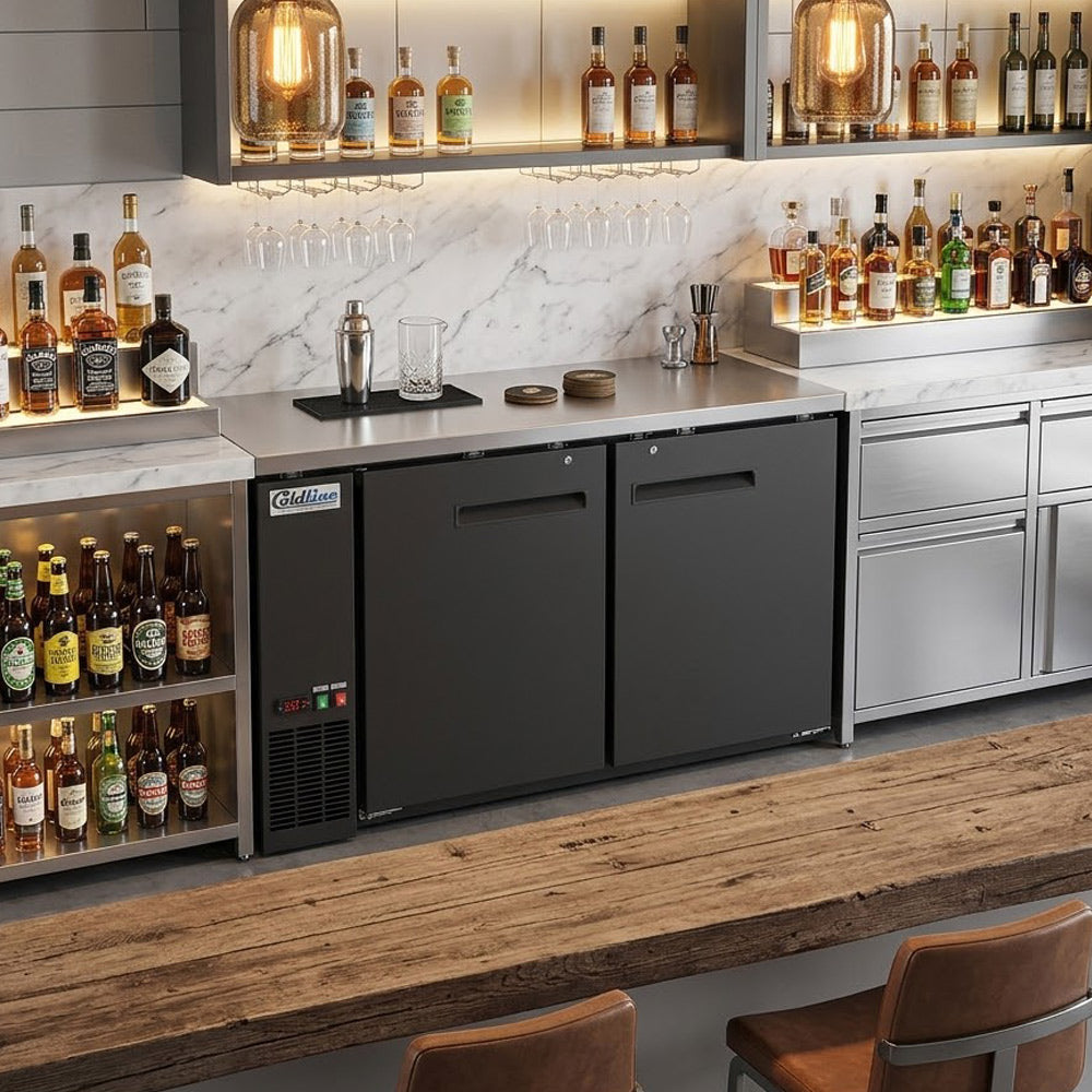 Coldline CBB-60 black 2-door back bar cooler, installed under a bar counter (representative image)