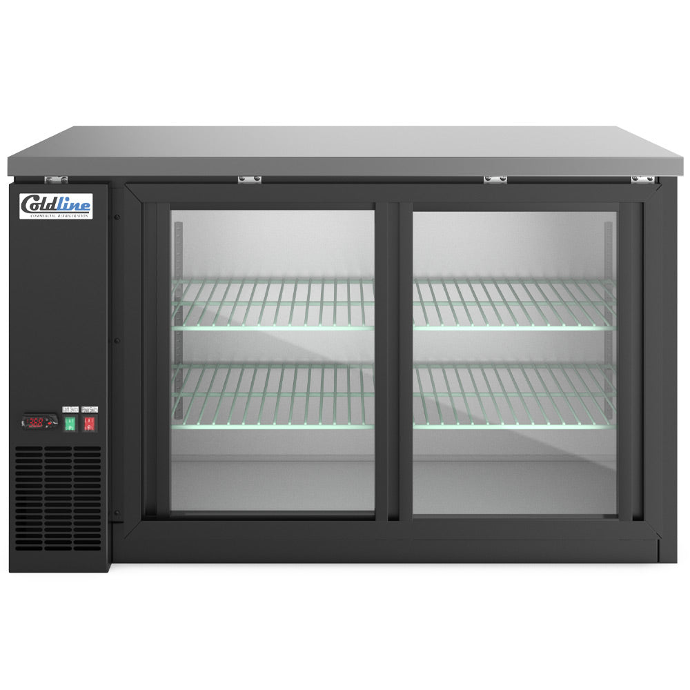 Coldline CBB-60G-SL black sliding glass door back bar cooler, front view