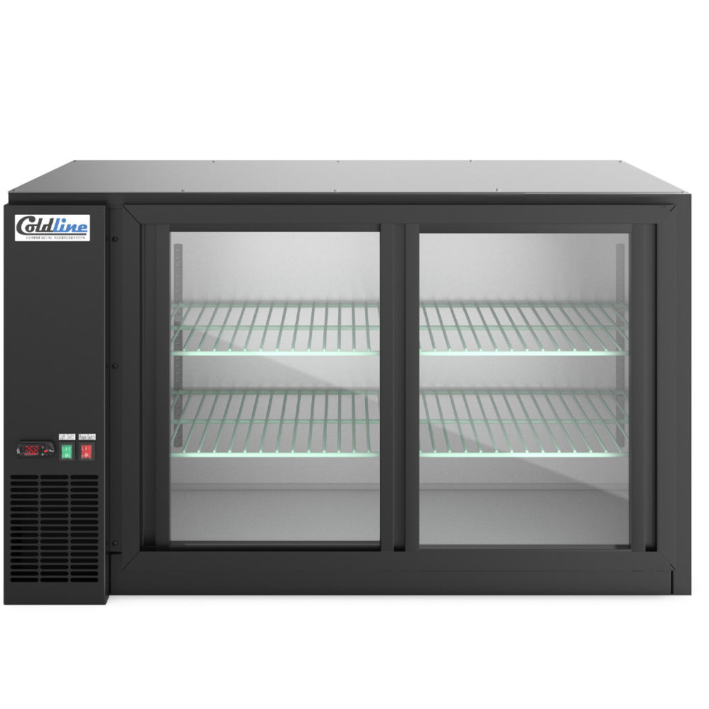Coldline CBB-60G-SL-T black sliding glass door back bar cooler, front view