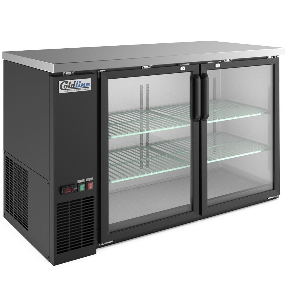 Coldline CBB-60G black swing glass door back bar cooler, angled front view