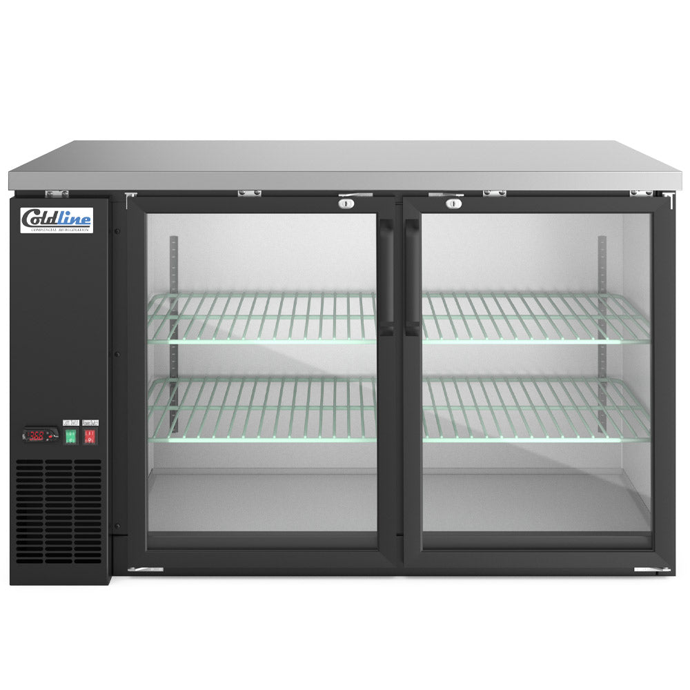 Coldline CBB-60G black swing glass door back bar cooler, front view