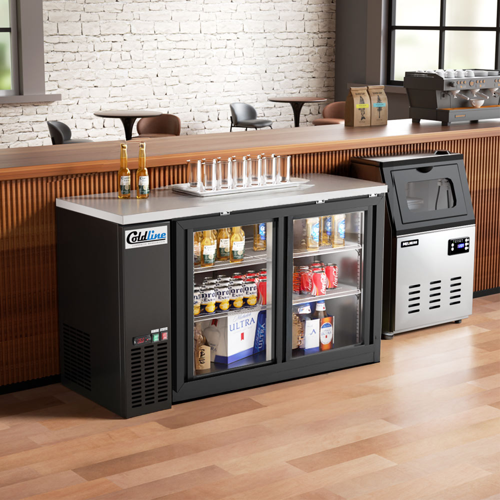 Coldline CBB-60G-SL black sliding glass door back bar cooler, under a bar counter (representative image)