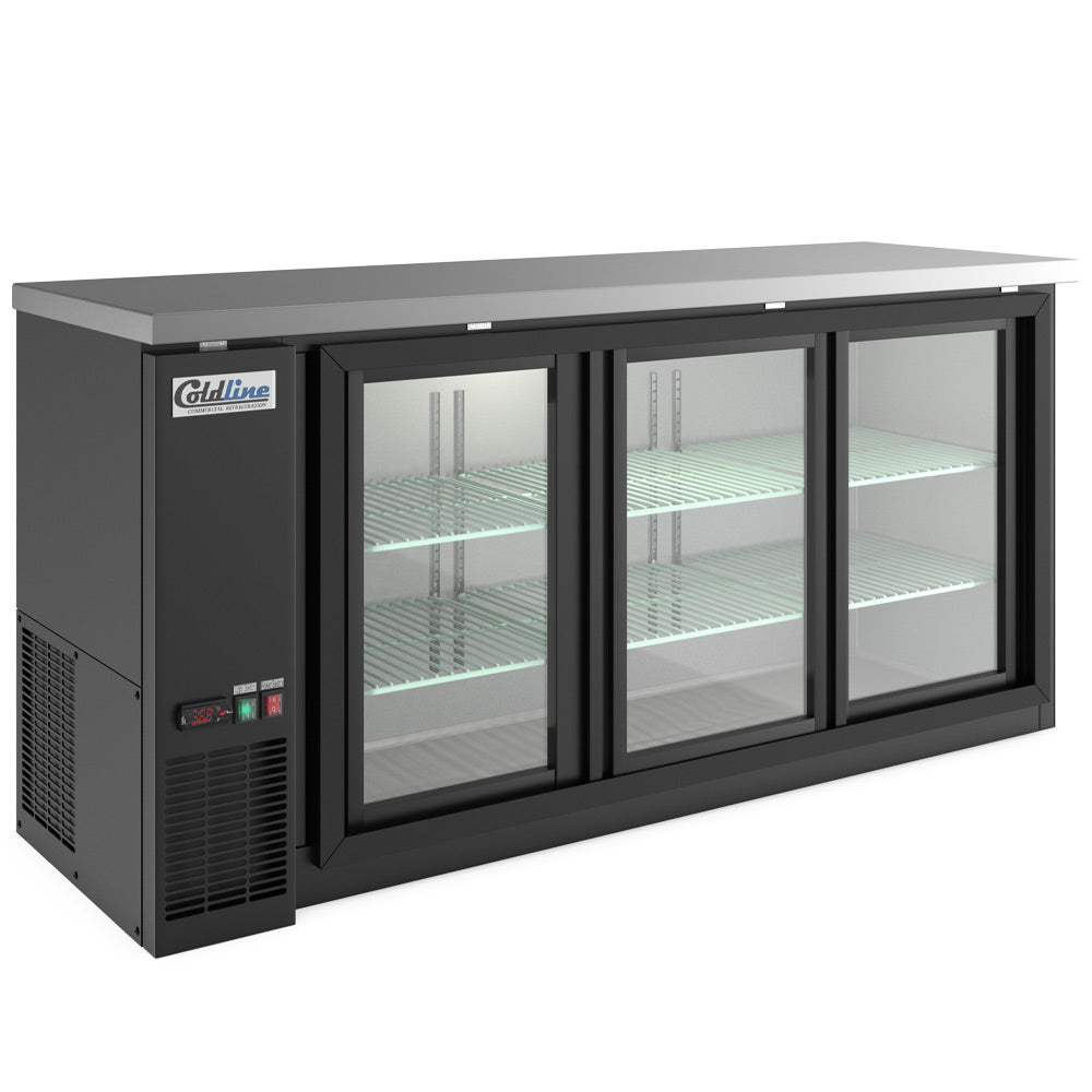 Coldline CBB-72G-SL black sliding glass door back bar cooler, angled front view