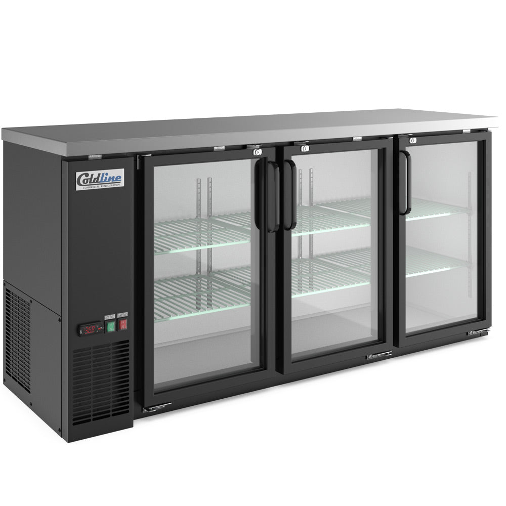 Coldline CBB-72G black swing glass door back bar cooler, angled front view