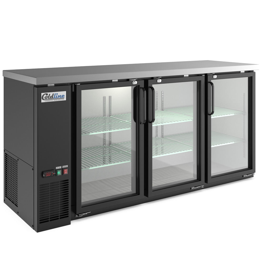 Coldline CBB-72G black swing glass door back bar cooler, angled front view