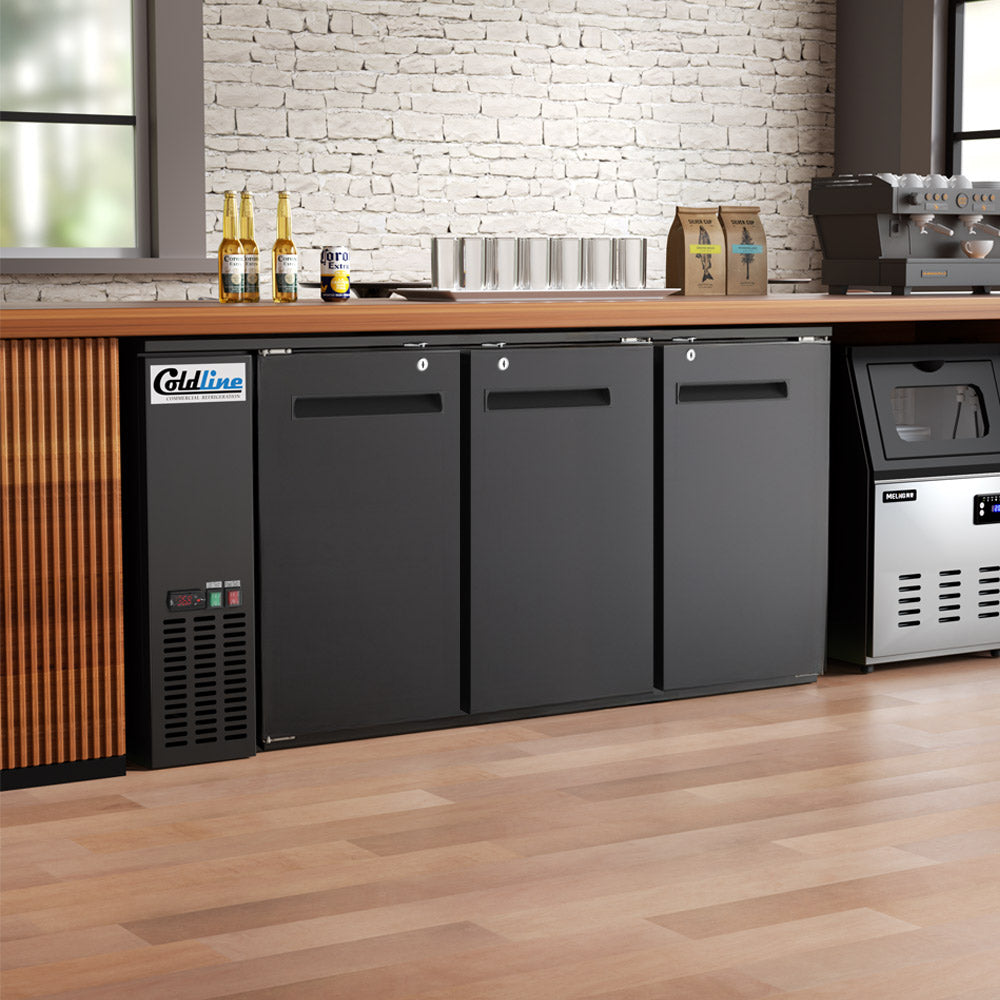Coldline CBB-72-T 72" Underbar Height Swing Solid Door Back Bar Cooler, Black