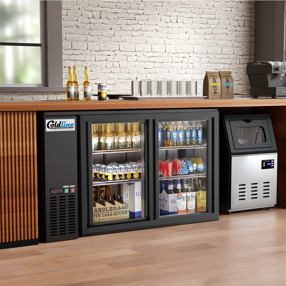 Coldline CBB-60G-SL-T black sliding glass door back bar cooler, under a bar counter (representative image)