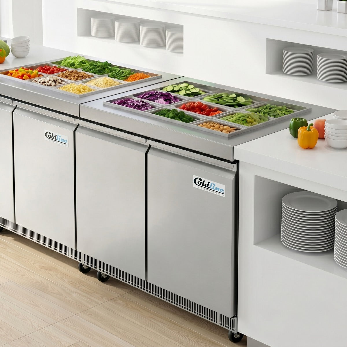 Coldline CBT-48 refrigerated salad bar buffet table, in use with food pans (representative image)