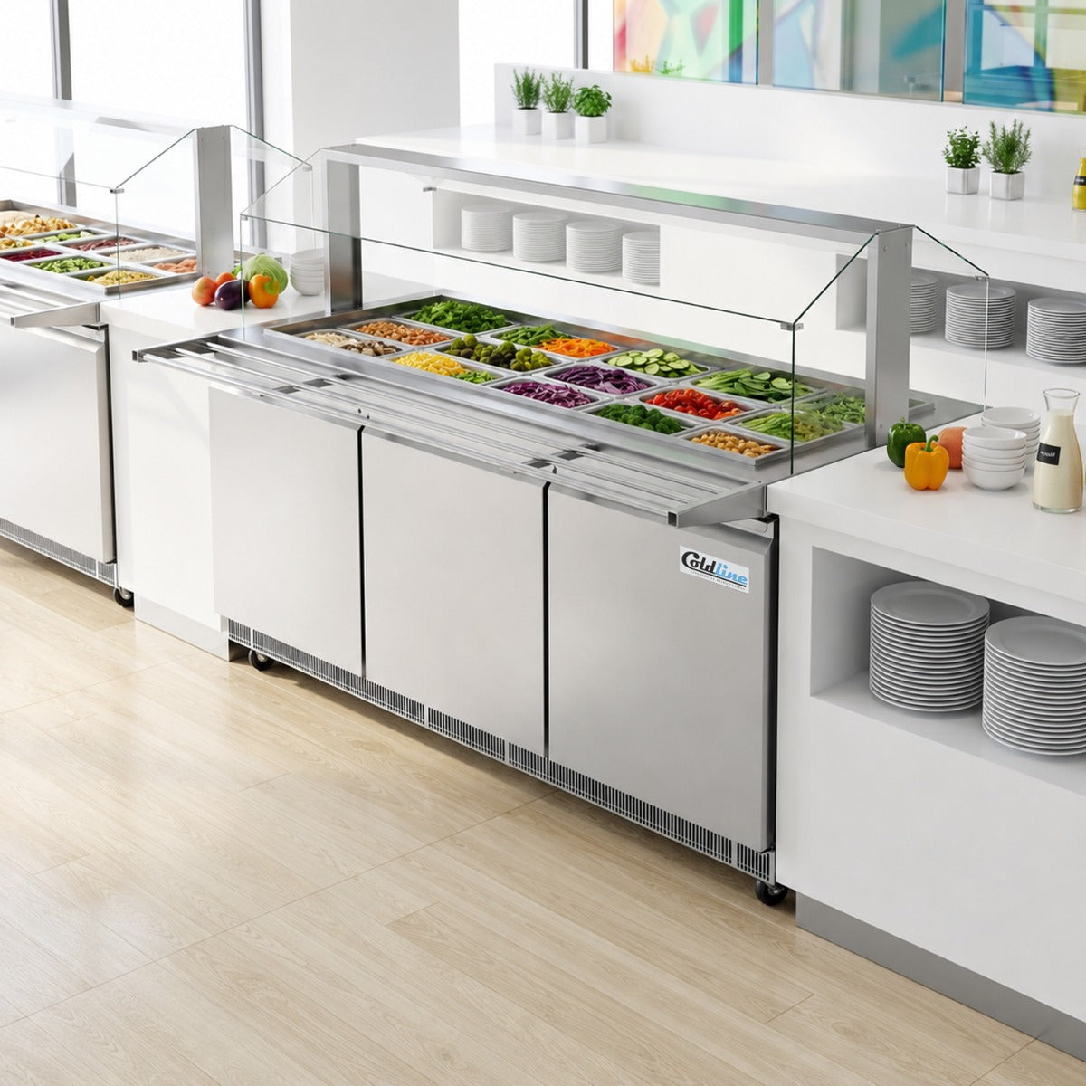 Coldline CBT-72-CSG refrigerated salad bar buffet table, in use with food pans (representative image)