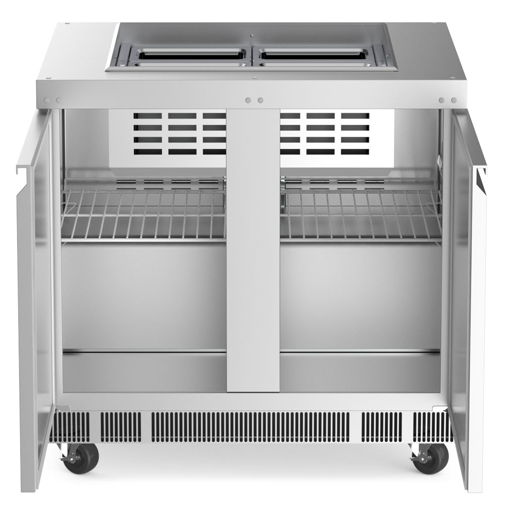 Coldline CBT-36 refrigerated salad bar buffet table, doors open showing the shelves