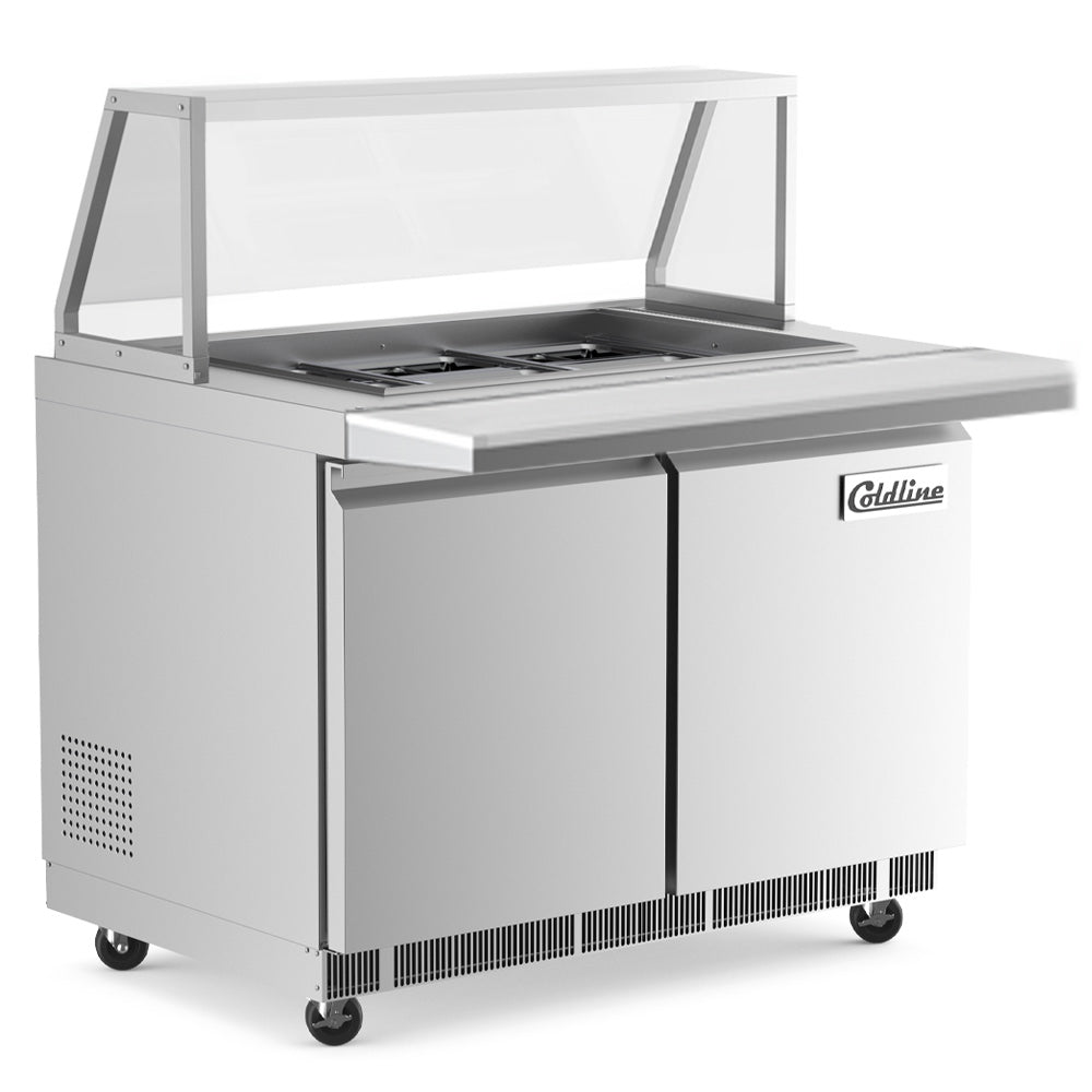 Coldline CBT48-SG 48" Refrigerated Employee Service Salad Bar with Cutting Board and Angled Sneeze Guard