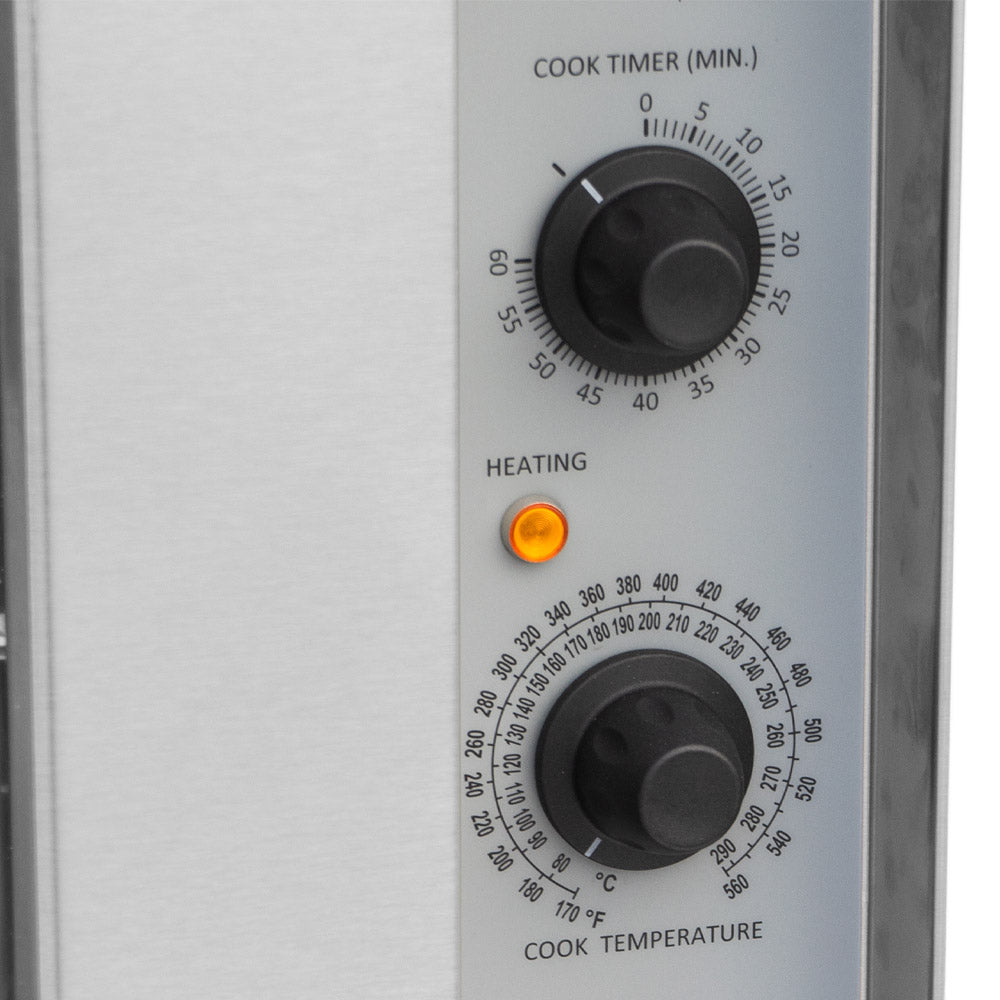 Cookline CC80-LP-DBL deep depth double deck gas convection oven, control panel close-up, cook timer and temperature dials