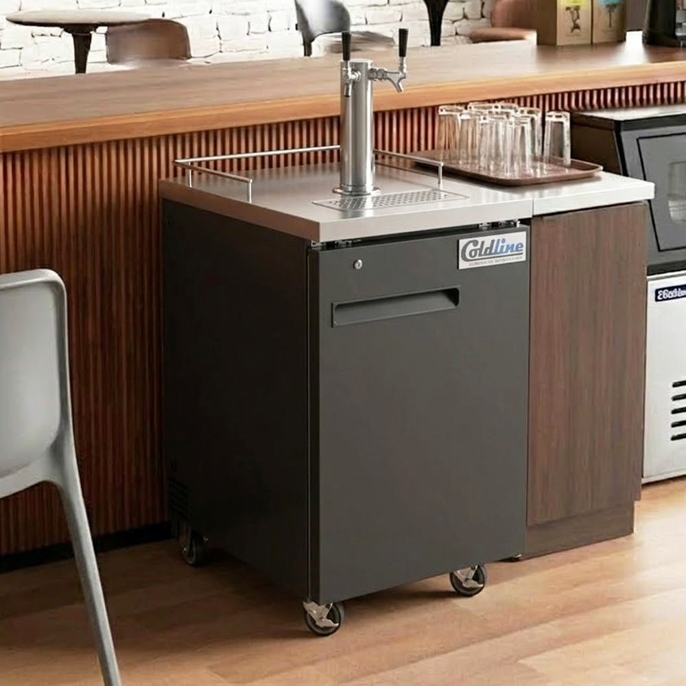 Coldline CDD-1 black direct draw beer dispenser, installed behind a bar (representative image)