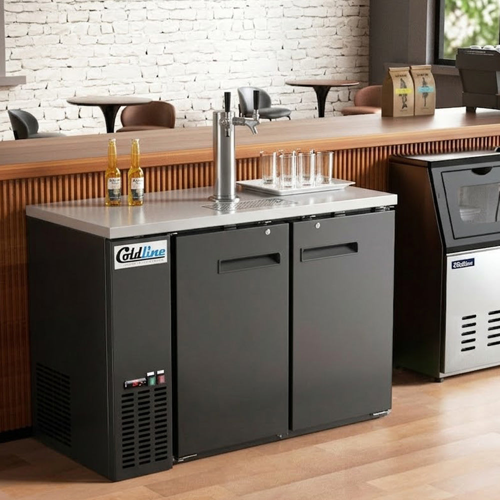 Coldline CDD-48 black direct draw beer dispenser, installed behind a bar (representative image)