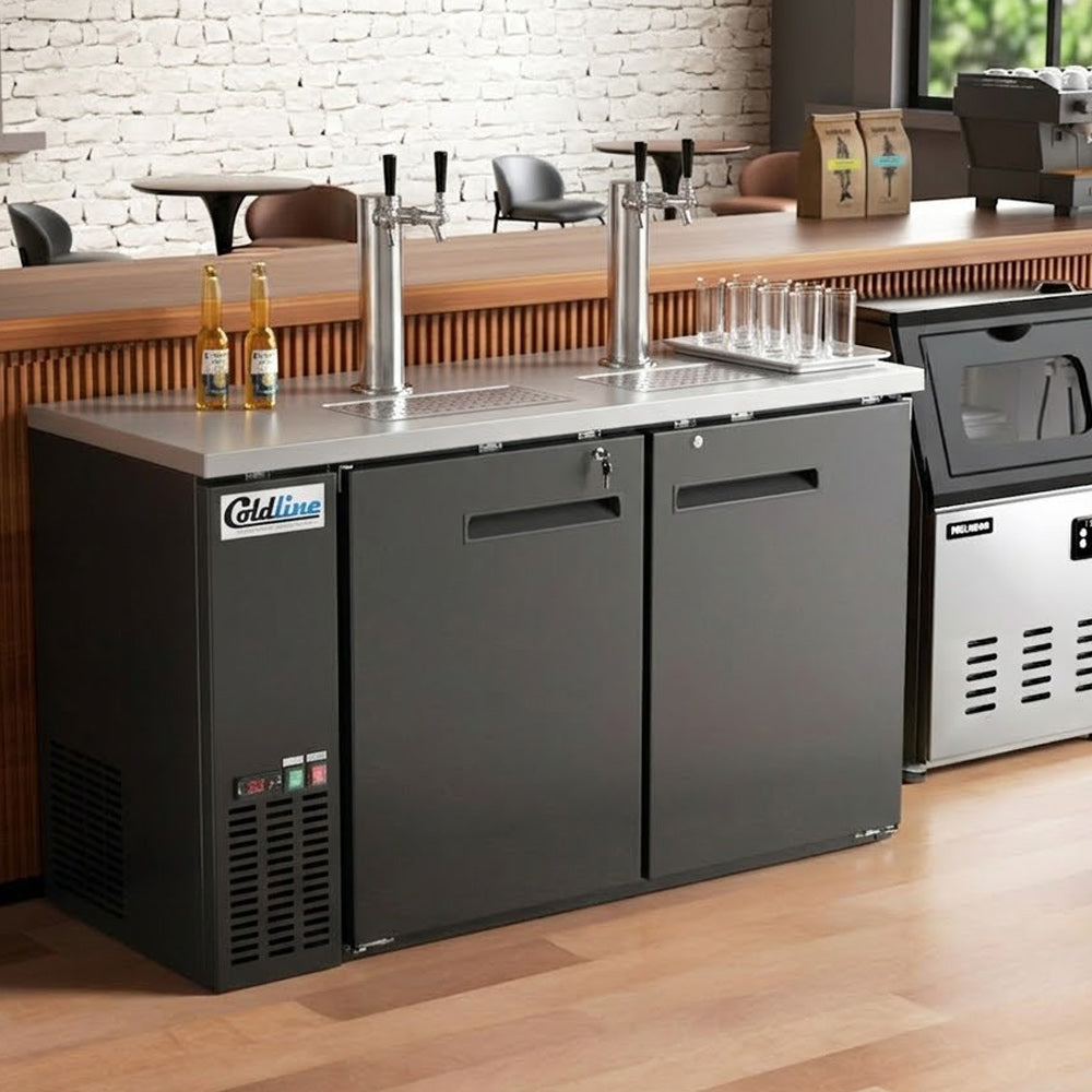 Coldline CDD-60 black direct draw beer dispenser, installed behind a bar (representative image)