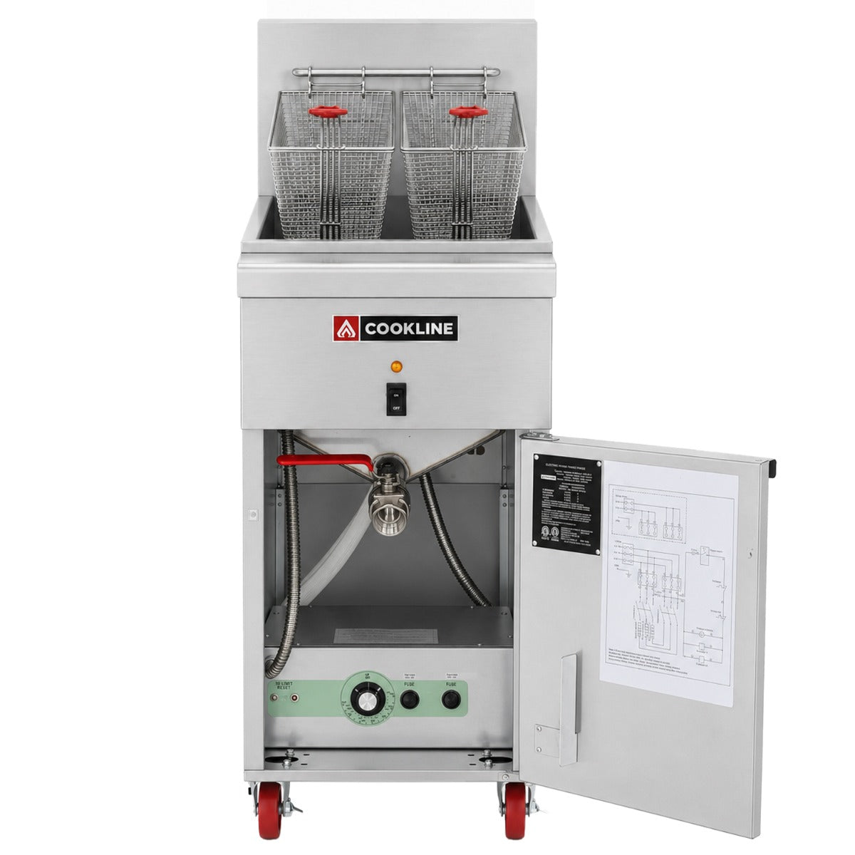Cookline CF-40E-240-3 electric floor fryer, front view with the door open