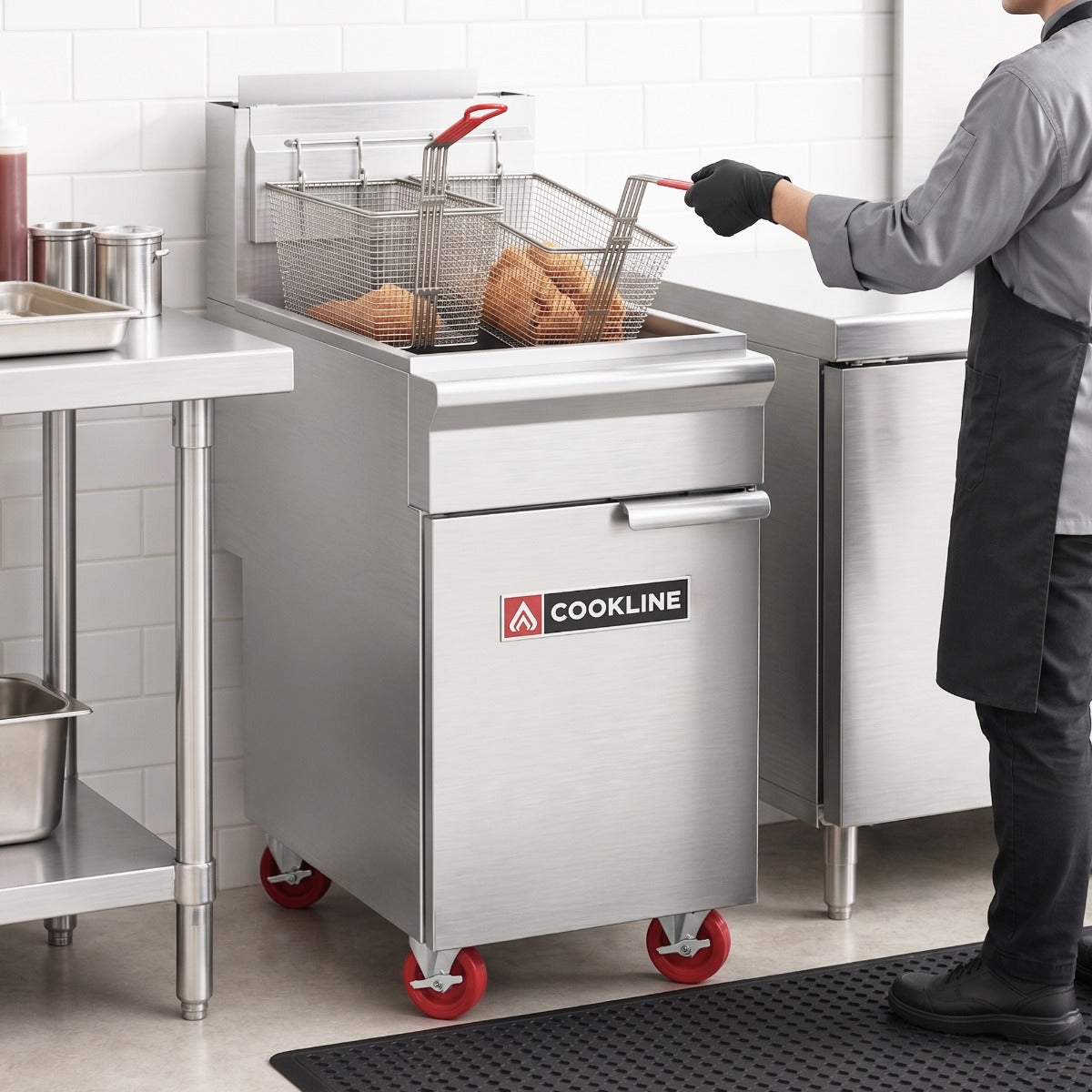 Cookline CF50-LP gas floor fryer, in use, lifting a basket of fried chicken in a kitchen
