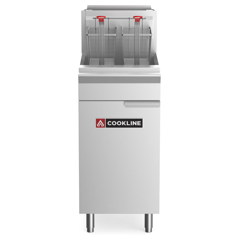 Cookline CF50-NG gas floor fryer, front view, shown on optional legs