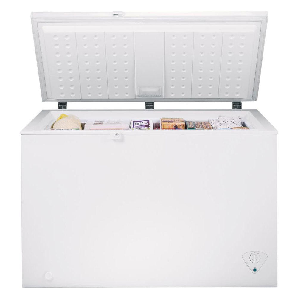 Coldline CF44 commercial chest freezer, lid open with frozen food inside