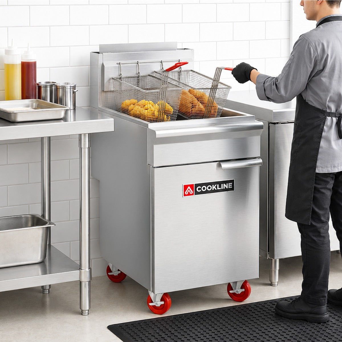 Cookline CF75-LP gas floor fryer, in use, lifting a basket of fried chicken in a kitchen