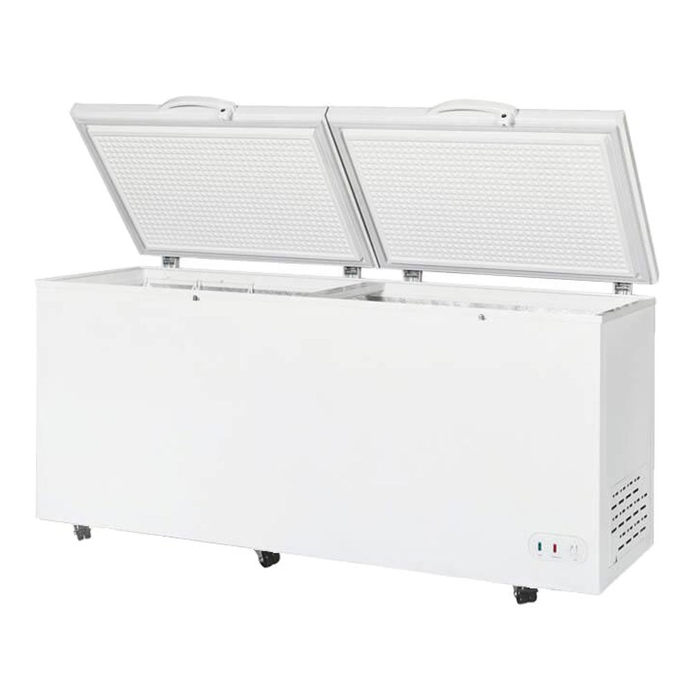 Coldline CF76 commercial chest freezer, lid open with frozen food inside