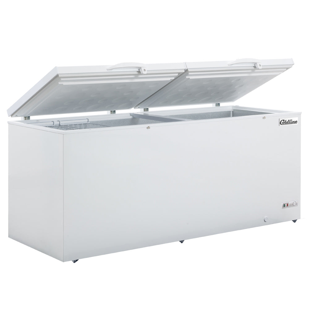 Coldline CF91 commercial chest freezer, lid open with frozen food inside