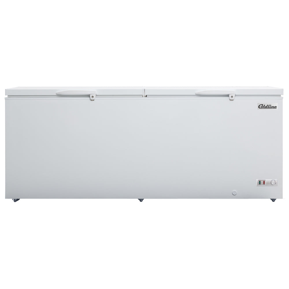 Coldline CF91 commercial chest freezer, lid closed, angled view