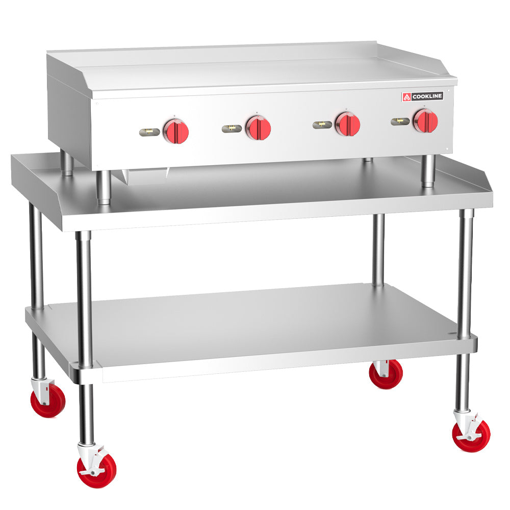 Cookline CGG-48T-HD gas countertop griddle with thermostatic controls, shown on a separate equipment stand