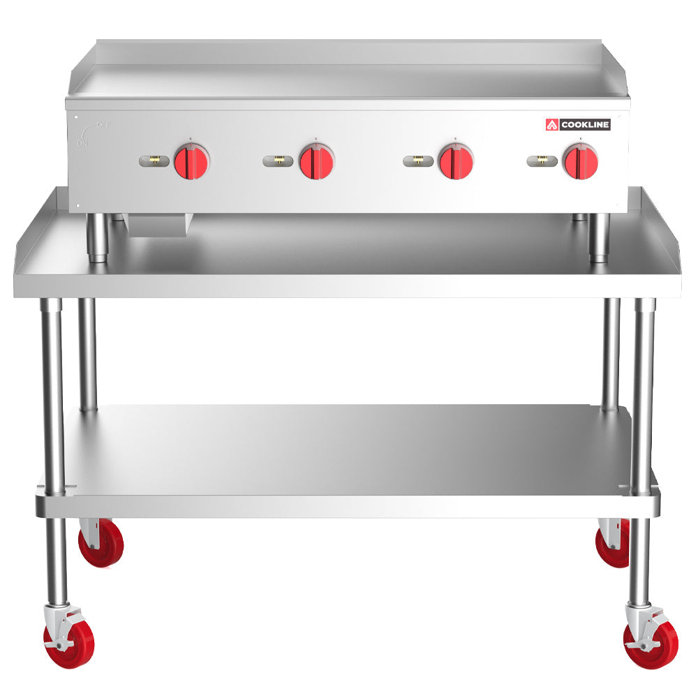 Cookline CGG-48T-HD gas countertop griddle with thermostatic controls, front view on a separate equipment stand