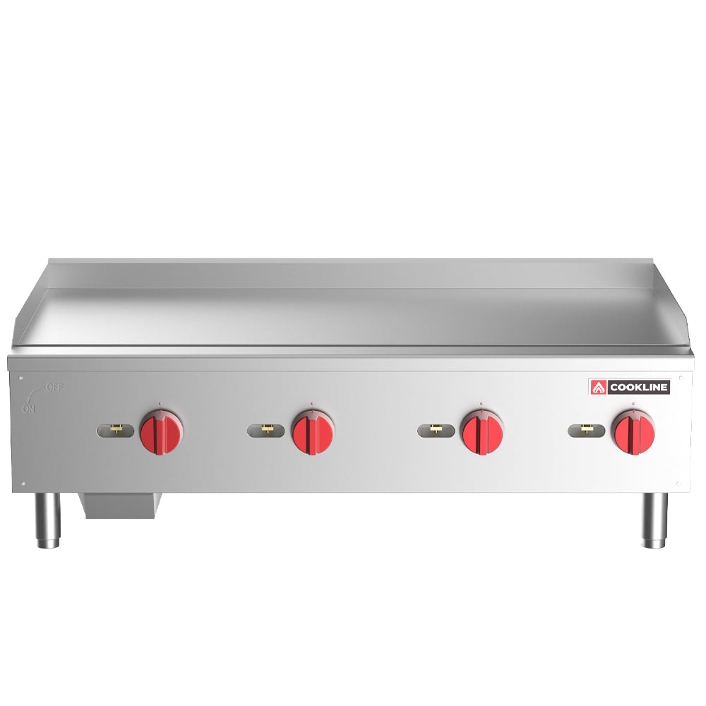 Cookline CGG-48T-HD gas countertop griddle with thermostatic controls, front view