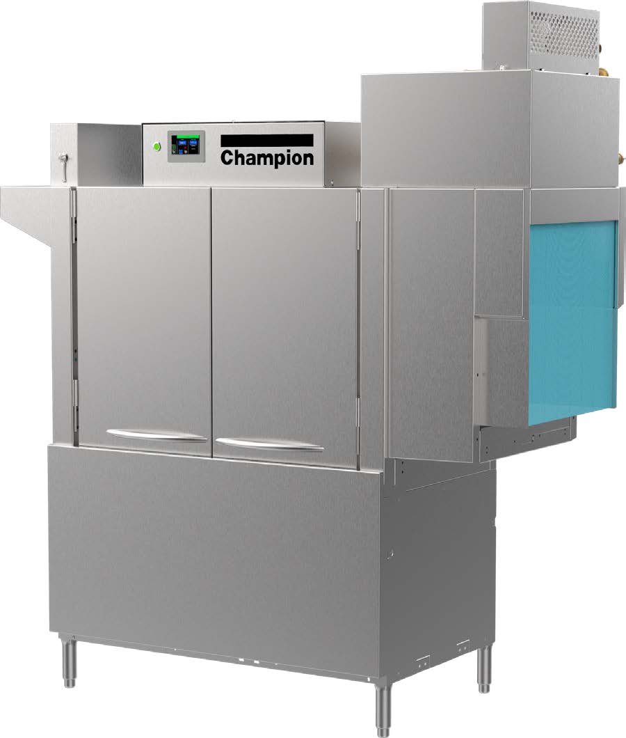 Champion 54 PRO-HR rack conveyor dishwasher with heat recovery unit, front angle view