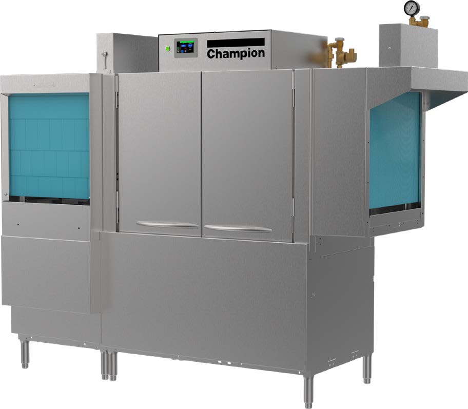 Champion 76 PRO-FF front-feed rack conveyor dishwasher, front angle view