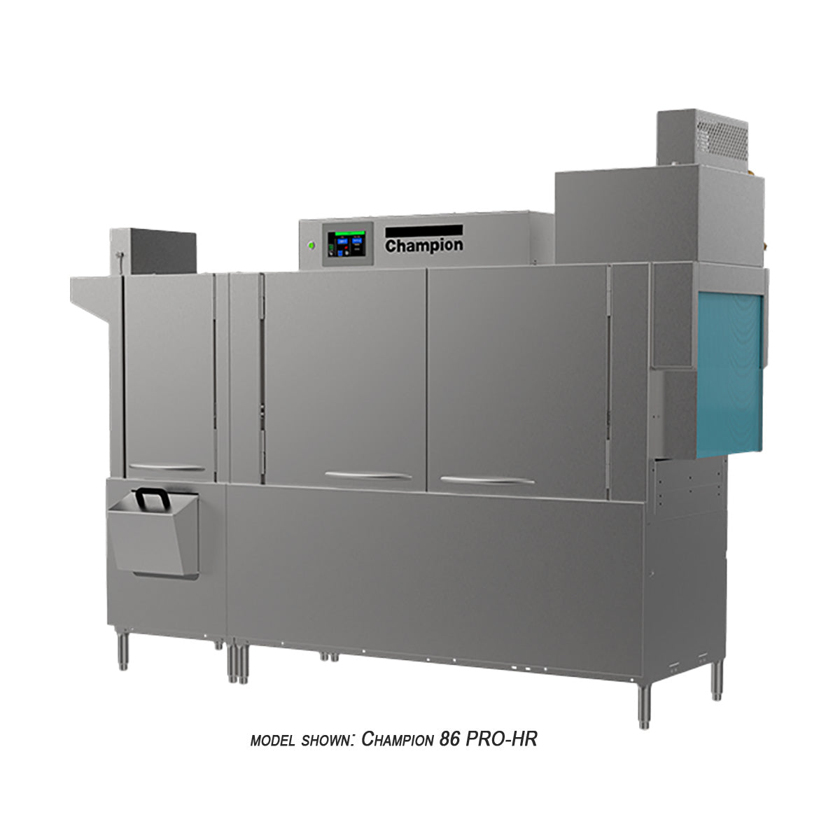 Champion 80 PRO-HD-HR rack conveyor dishwasher with heat recovery unit, front angle view