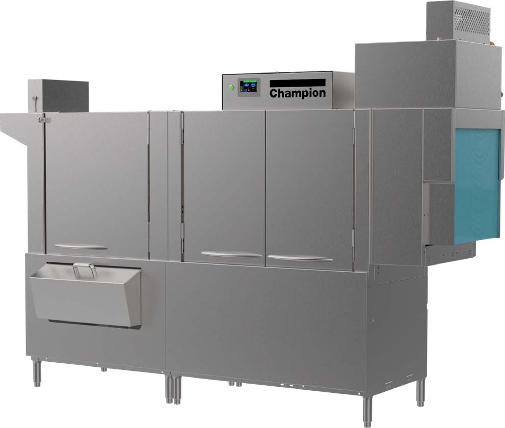 Champion 90 PRO-HD-HR rack conveyor dishwasher with heat recovery unit, front angle view
