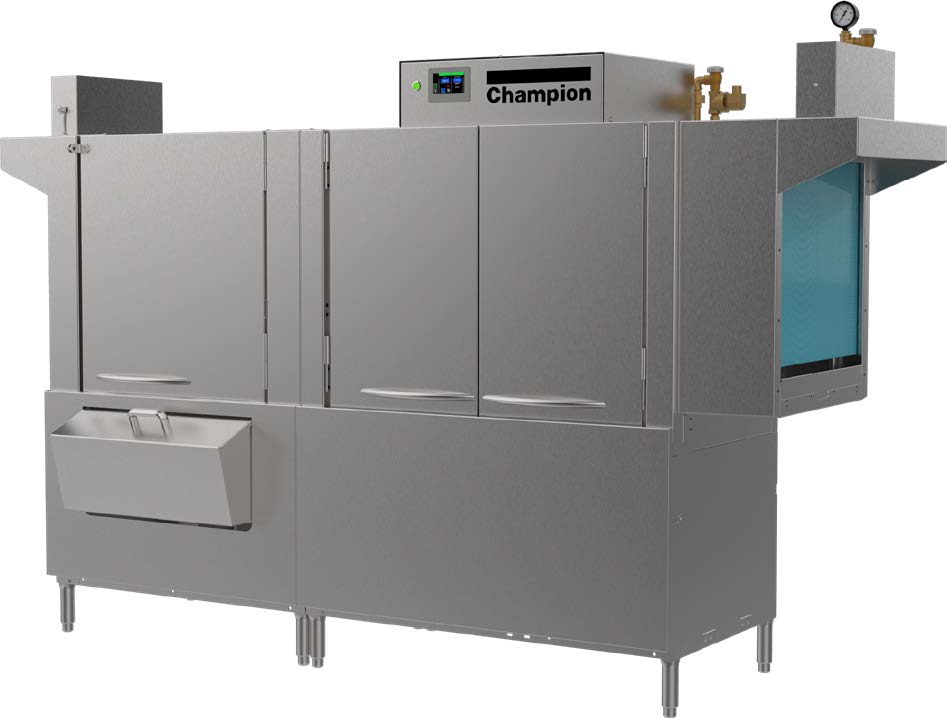 Champion 90 PRO-HD rack conveyor dishwasher with heavy-duty prewash, front angle view