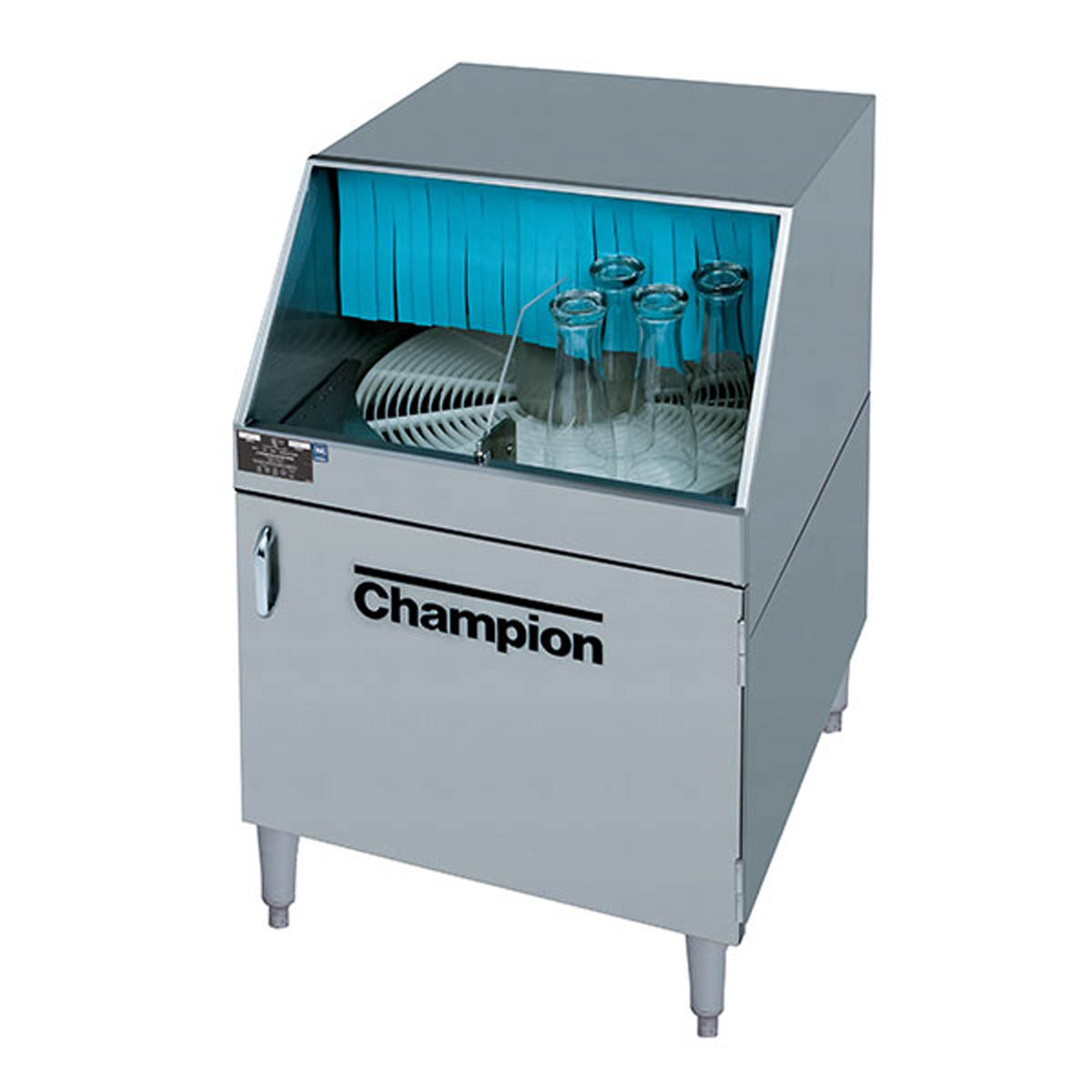 Champion CG rotary undercounter glasswasher with glasses inside, front angle view
