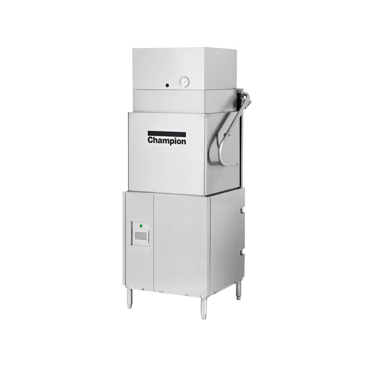 Champion DH-6000-VHR ventless door-type dishwasher, front angle view, hood closed