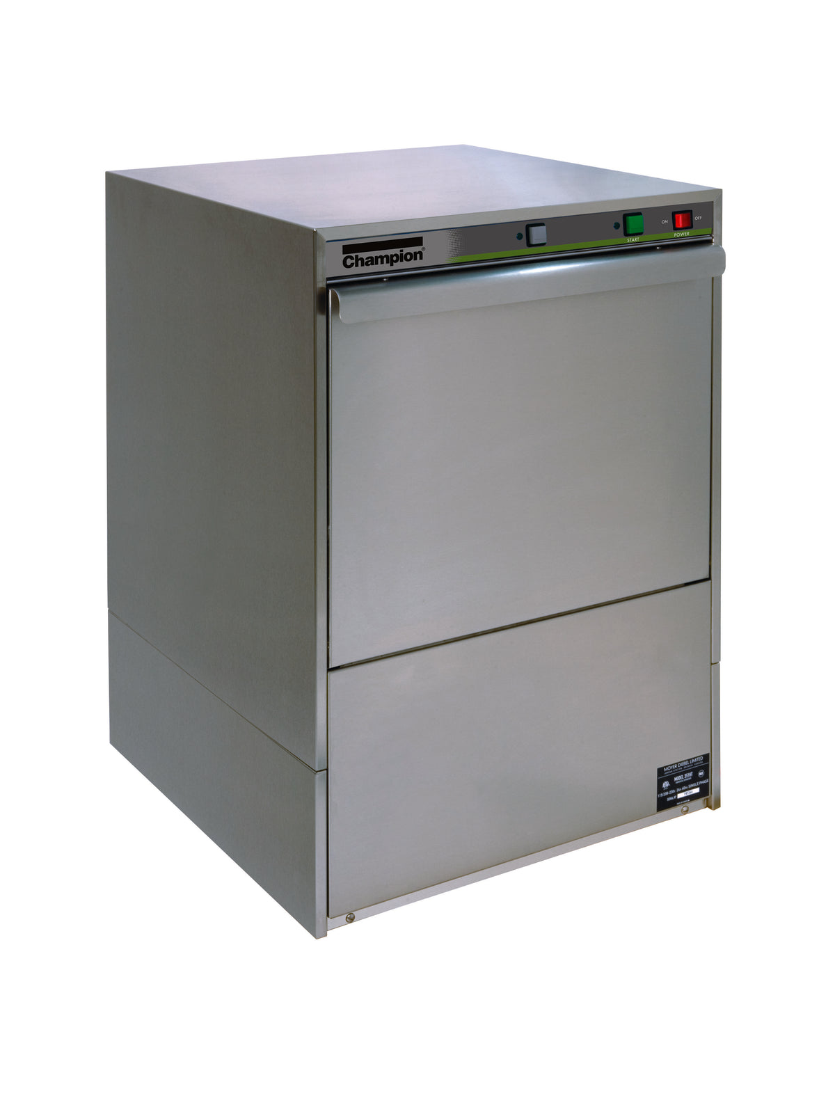 Champion IUH110-E high temp undercounter dishwasher, front angle view, door closed