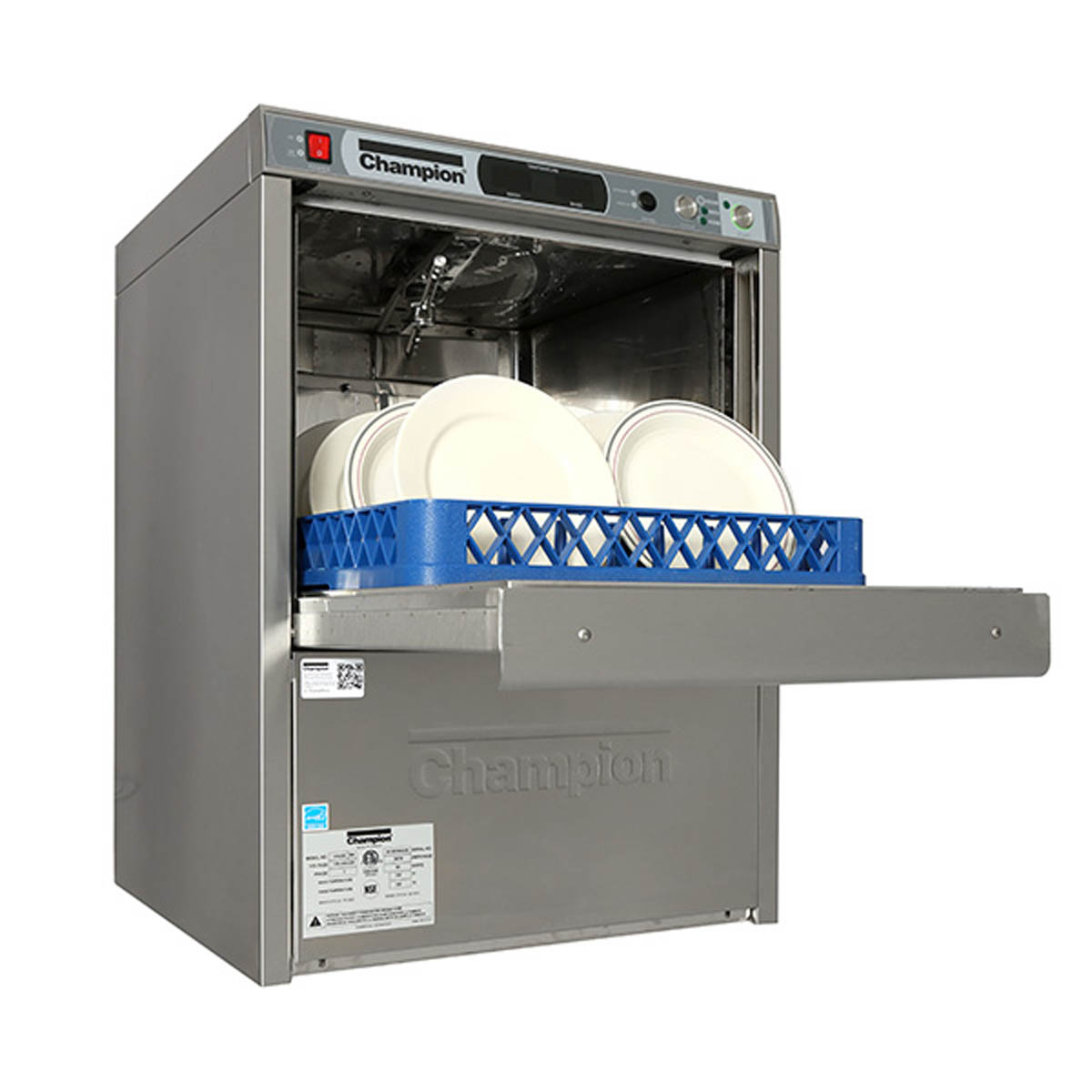 Champion UH330B undercounter dishwasher with door open and a rack of plates