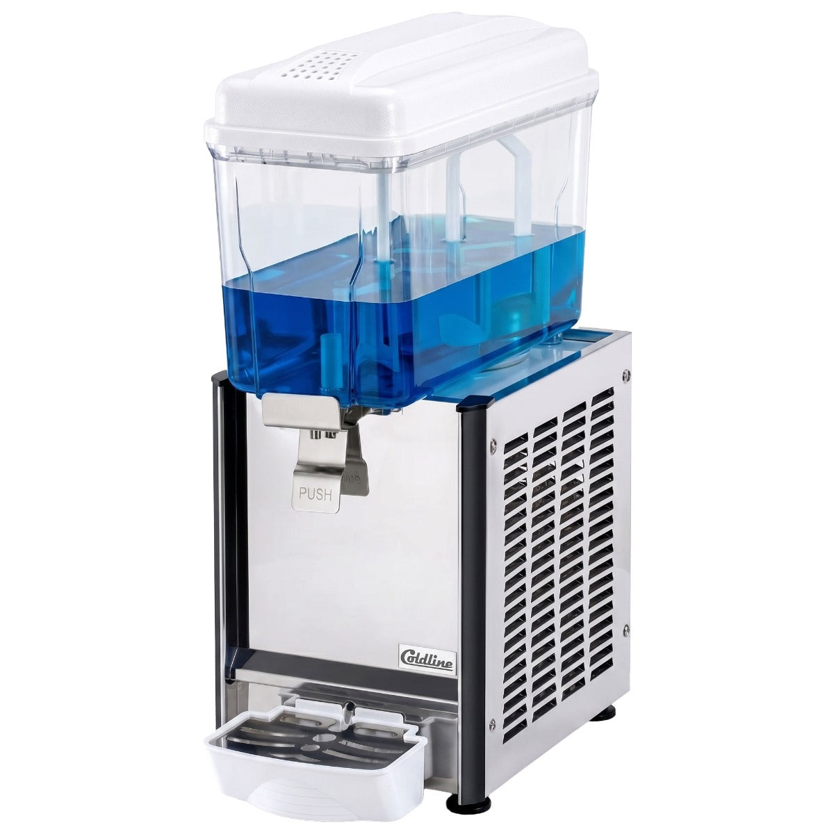 Coldline CBD-1 single bowl refrigerated beverage dispenser, front angled view, bowl filled with a blue drink