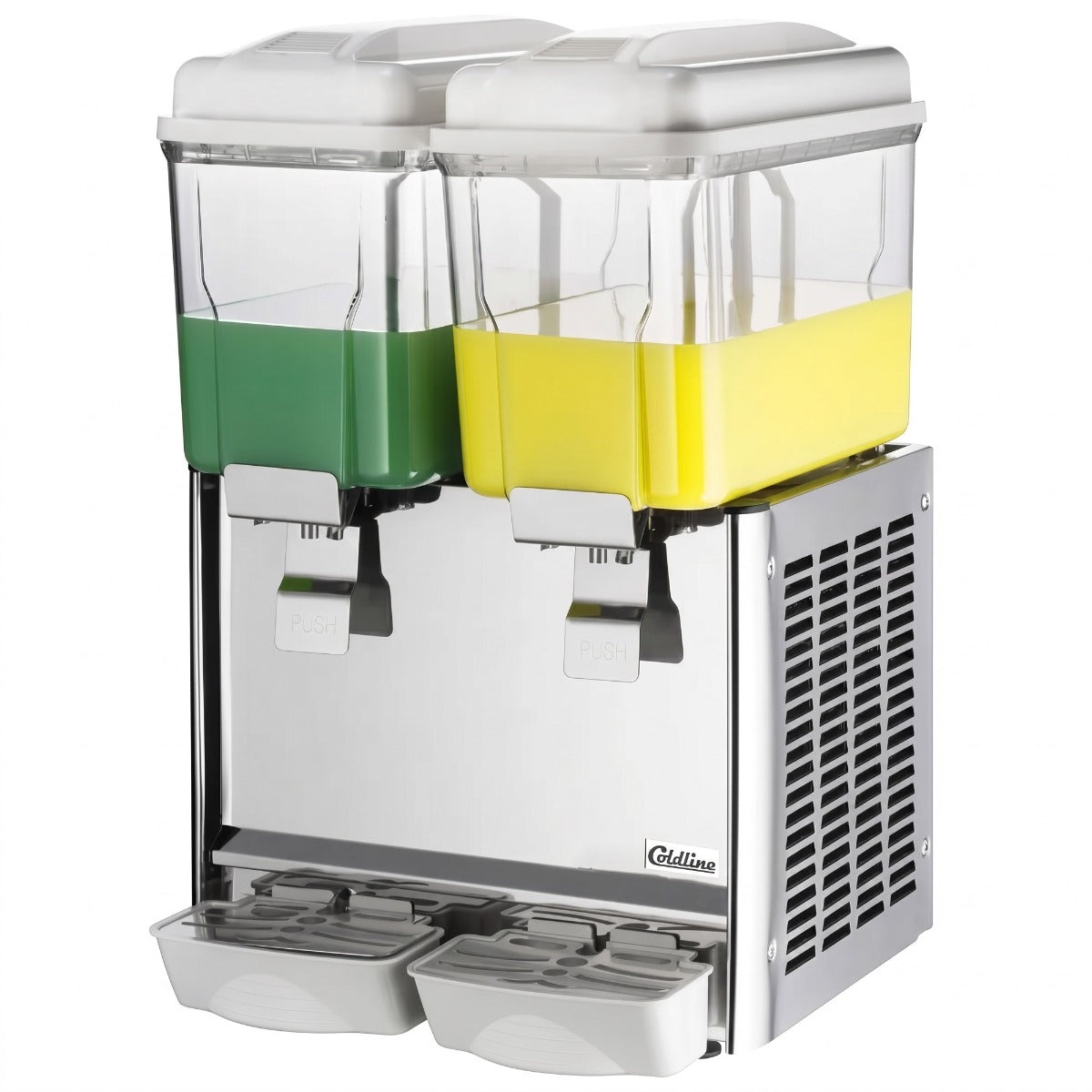 Coldline CBD-2 double bowl refrigerated beverage dispenser, front angled view, both bowls filled
