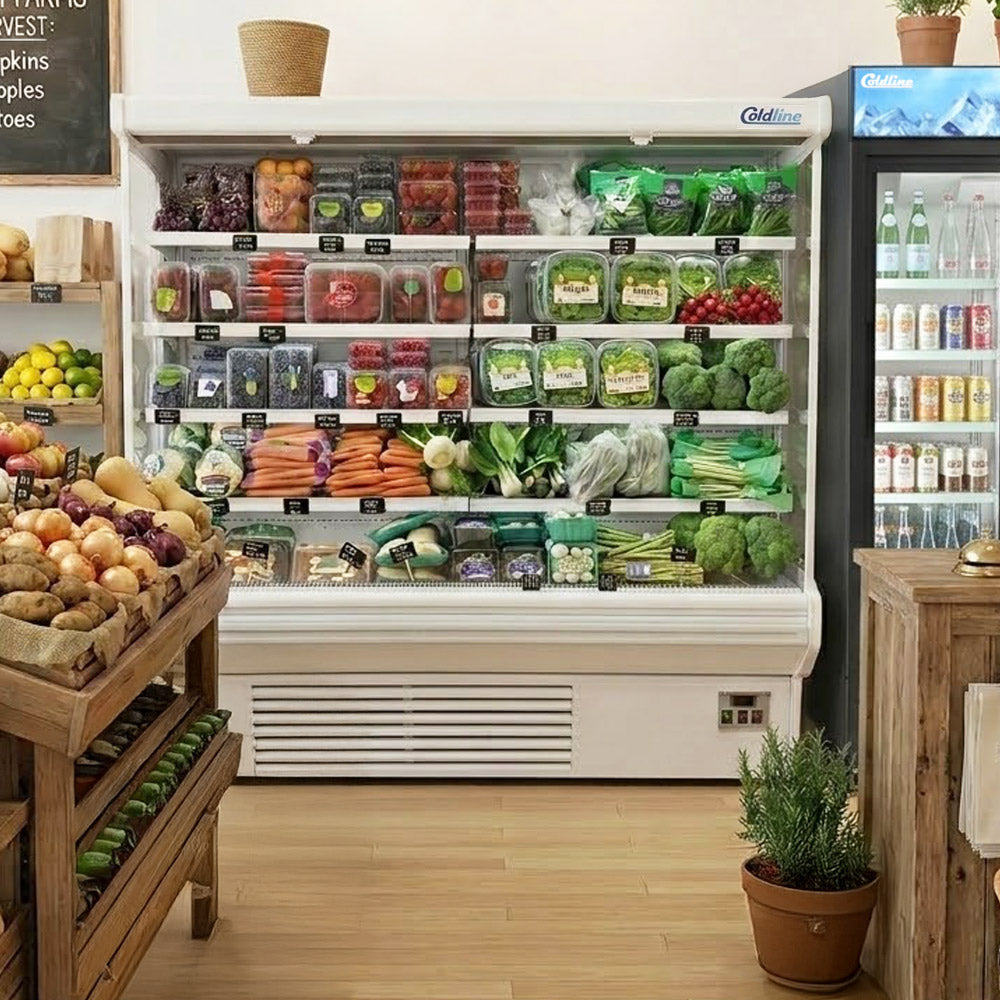 Coldline SOC-76-220-W white open air curtain merchandiser, stocked with produce and drinks in a store