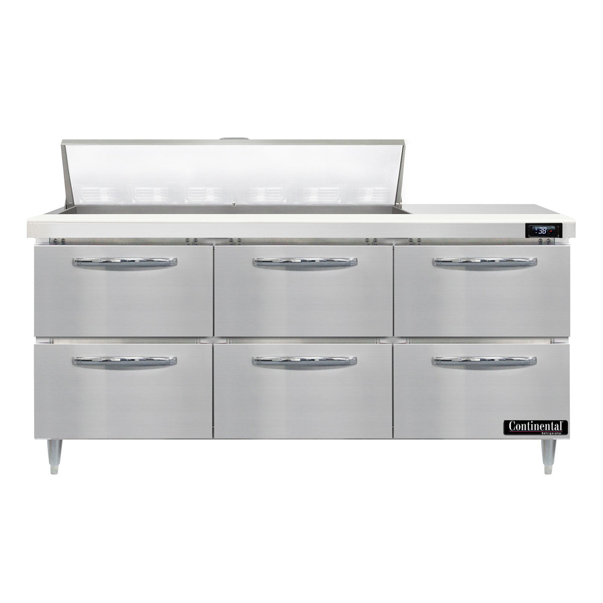 Continental Refrigerator D72N12-D 72-Inch Sandwich & Salad Prep Table — 6 Drawers, 12 Pans, Stainless Steel Front