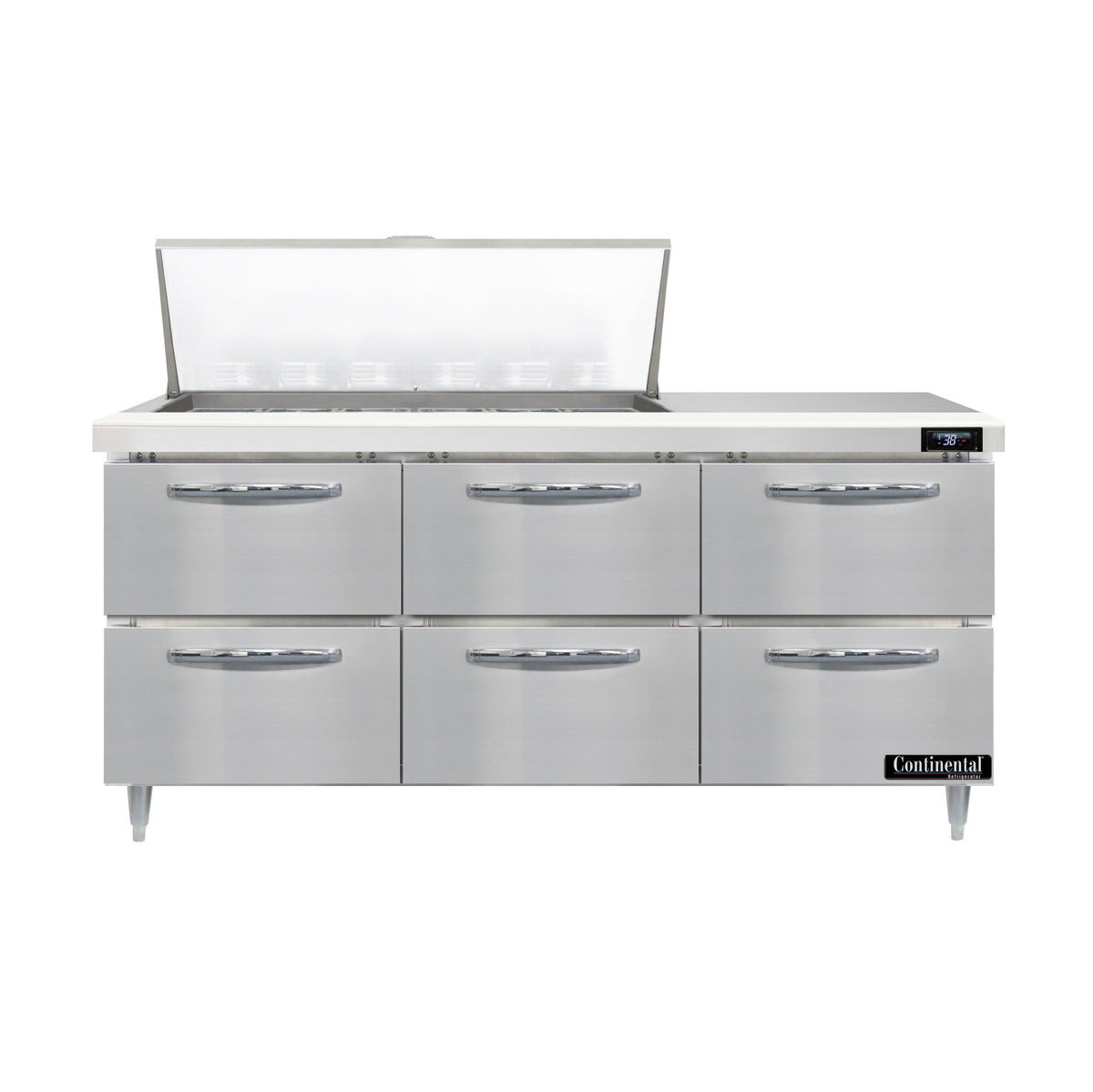 Continental Refrigerator D72N18M-D 72-Inch Mega Top Sandwich & Salad Prep Table — 6 Drawers, 18 Pans, Stainless Steel Front