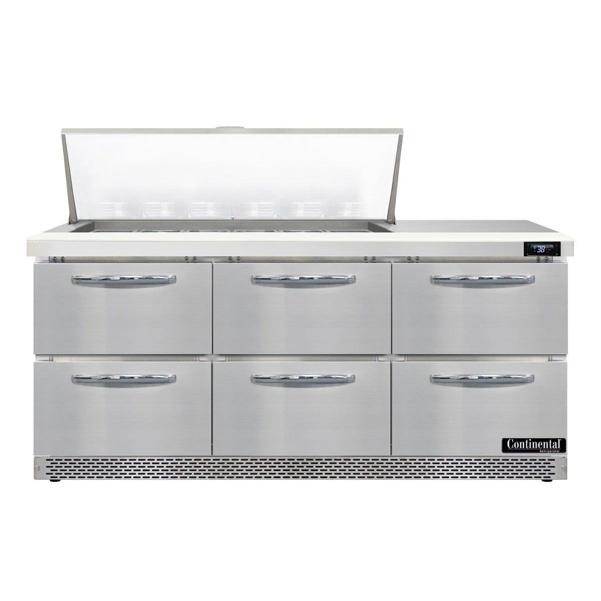Continental Refrigerator D72N18M-FB-D 72-Inch Mega Top Sandwich & Salad Prep Table — 6 Drawers, 18 Pans, Stainless Steel Front