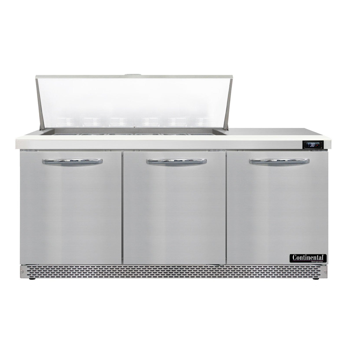 Continental Refrigerator D72N18M-FB 72-Inch Mega Top Sandwich & Salad Prep Table β 3 Doors, 18 Pans, Stainless Steel Front